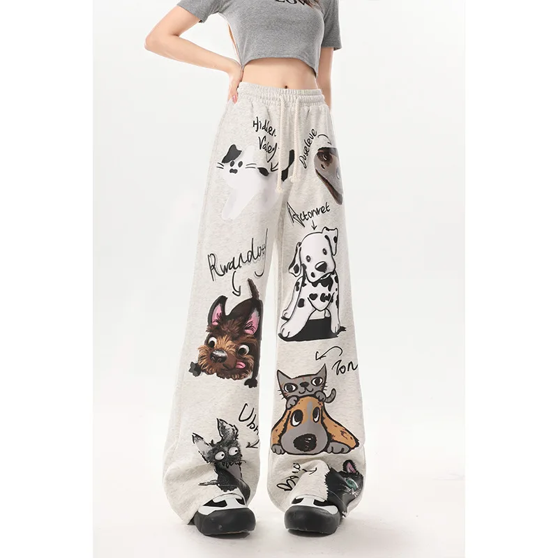 Gray Puppy Print Fun Y2K Millennium Casual Pants For Women Autumn And Winter Wide Leg Sweatpants Fluffy Sports Pants