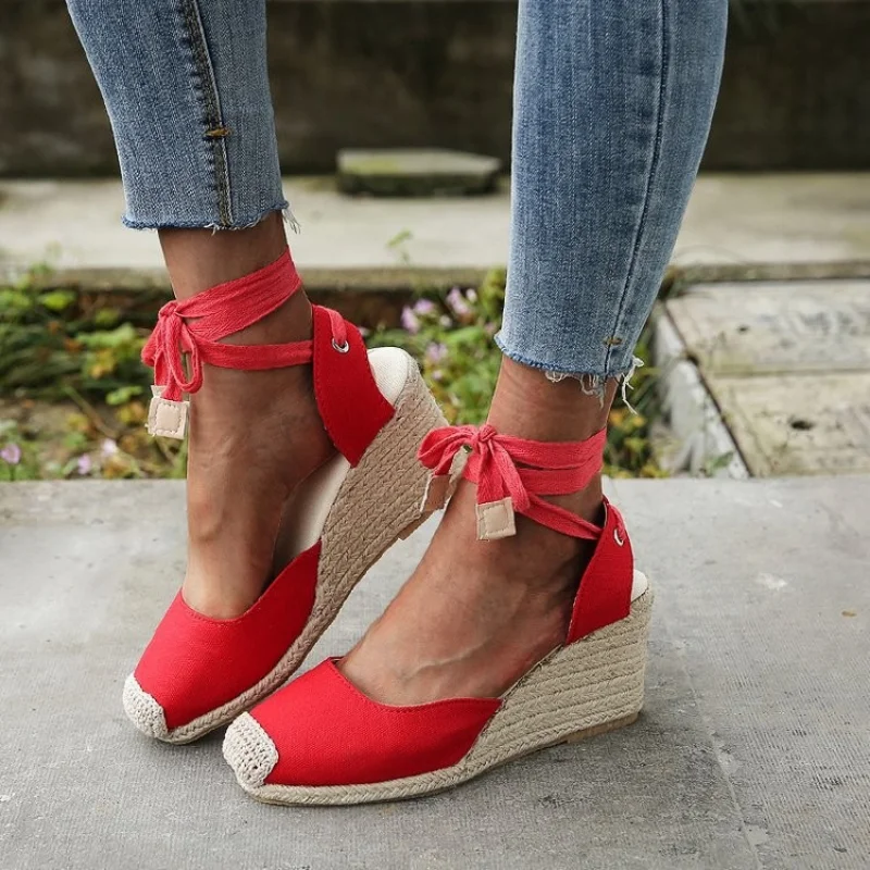 ZFY Women's Espadrille Ankle Strap Wedges Sandals Ladies Slippers 2026 Summer Woman Flax Hemp Canvas Casual  Pumps Shoes 35-43