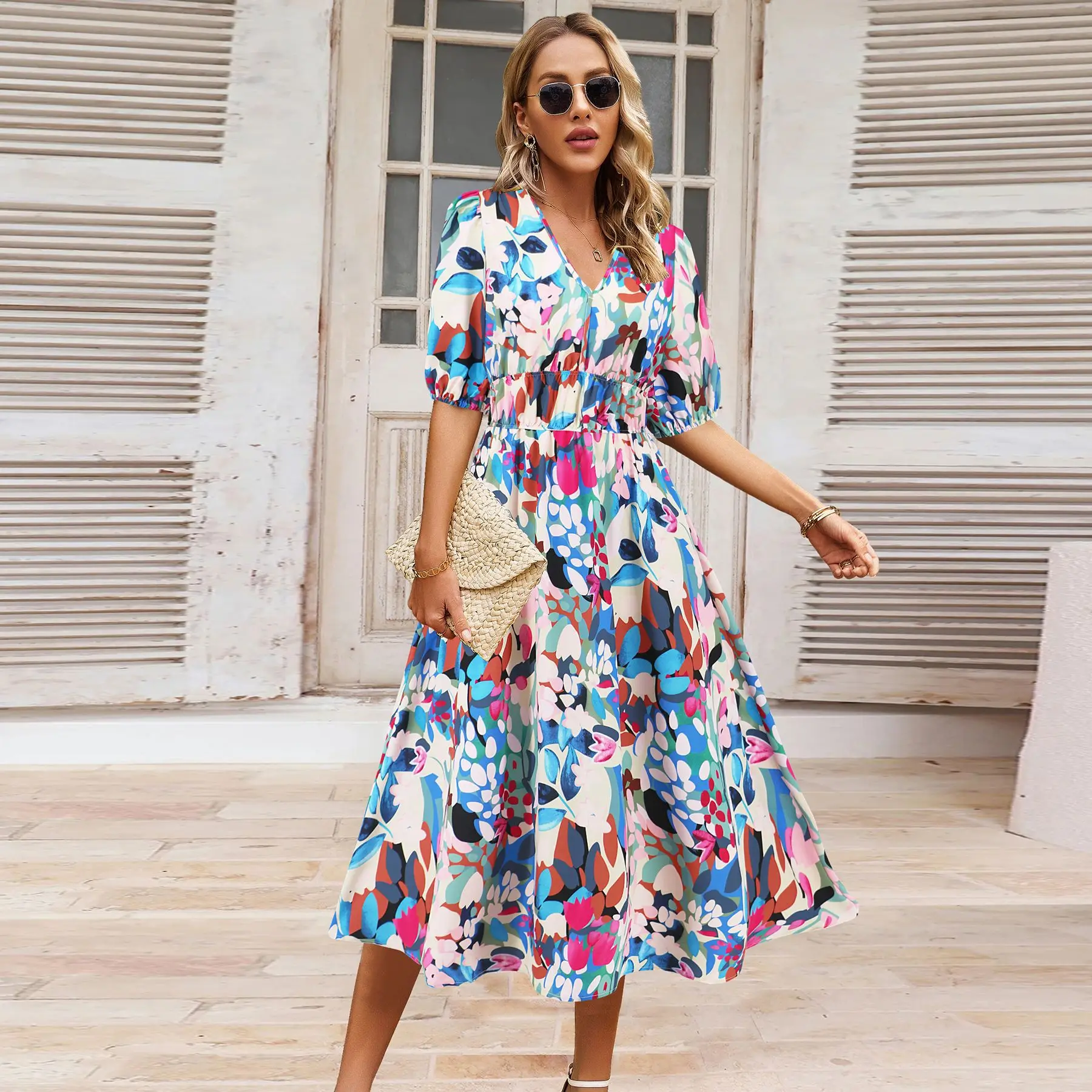 Dames Jurk V-Hals Print Korte Mouw Elastische Taille Losse A-Lijn Lange Jurk Boho Stijl Casual Mode Vakantie Strand Zomer