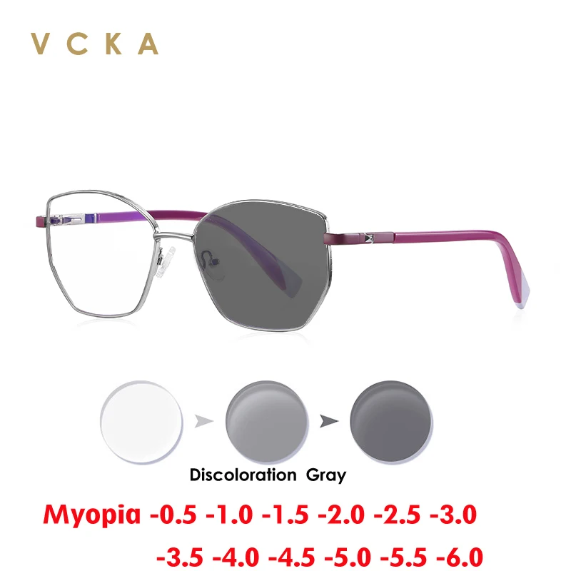 VCKA Anti Blue Light Discoloration Cat Eye Myopia Glasses Frames Alloy Women Optics Prescription Spring Leg Eyewear -0.50 TO -10