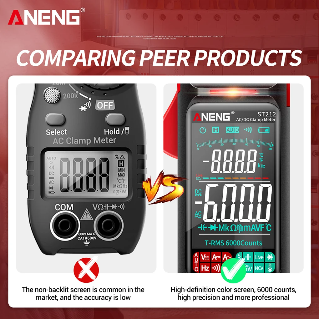 Imagem -03 - Aneng St212 Braçadeira Multímetro Testador de Exibição Digital Detector de Corrente Elétrica Auto-variando Medidor Multifuncional Vermelho
