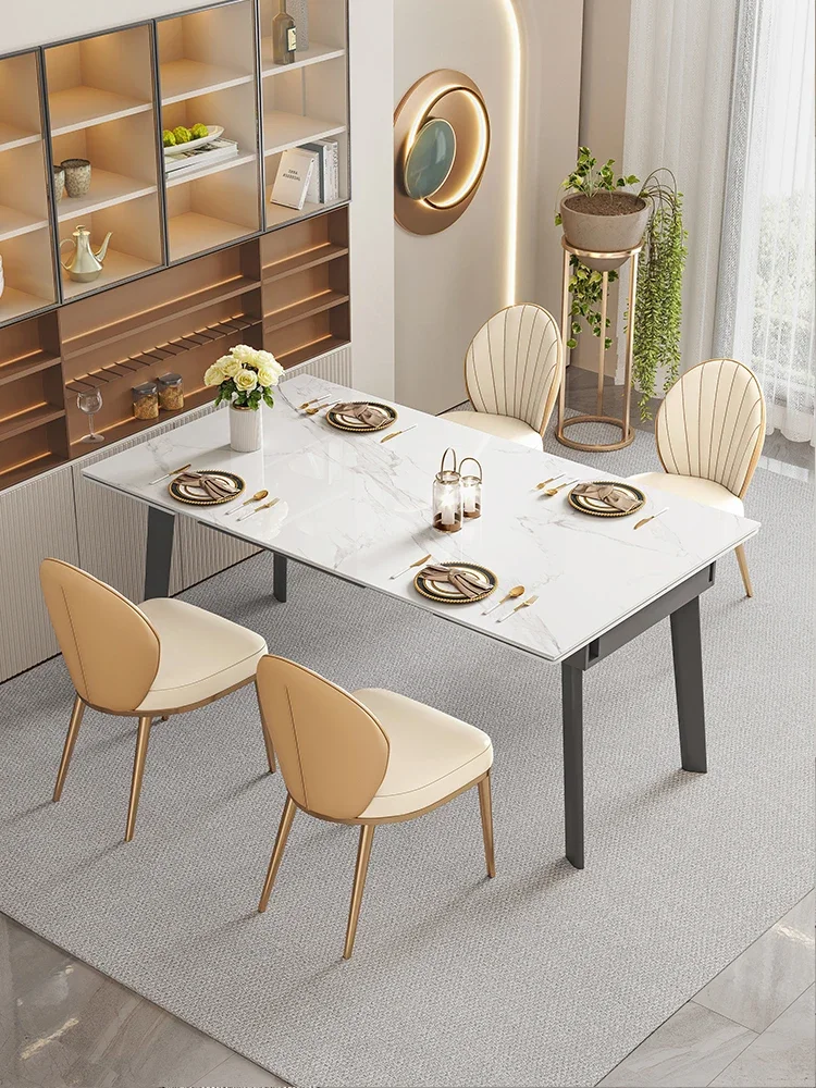 Small-sized dining chair combination of retractable rectangular folding dining table with rock plate dining table