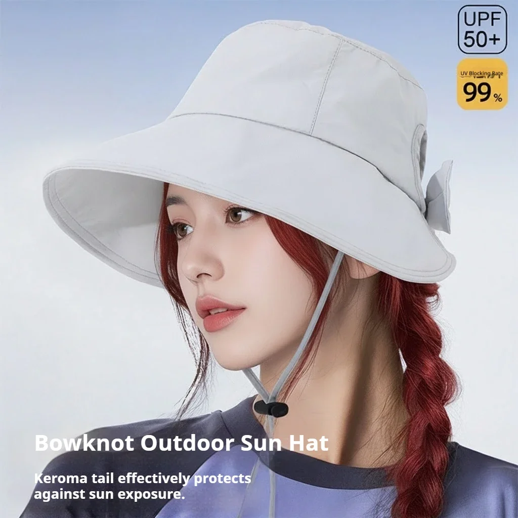 Women Ponytail Hole Bucket Sun Hat Bow Detail UPF 50+ UV Protection Wide Brim Breathable Mesh Lining Outdoor Hat