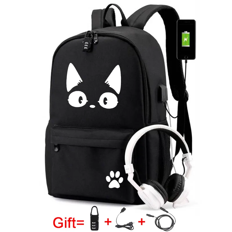 Black Cat Printed USB Backpack With Chain Headphone Port School Bags Travel Laptop