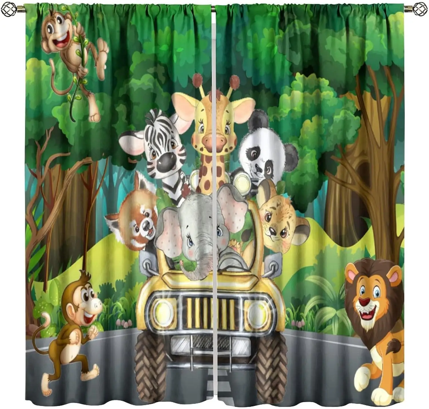Kids Safari Animals Curtains, Tropical Jungle Safari Adventure African Animals Lion Elephant Monkey Print Window Drapes for Baby