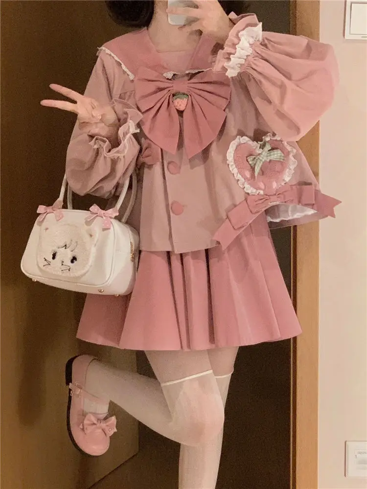 

Japan Jk Autumn New Age-Reducing Cute Style Strawberry Bow Design Blouse Two-Piece Overskirt Suit Small