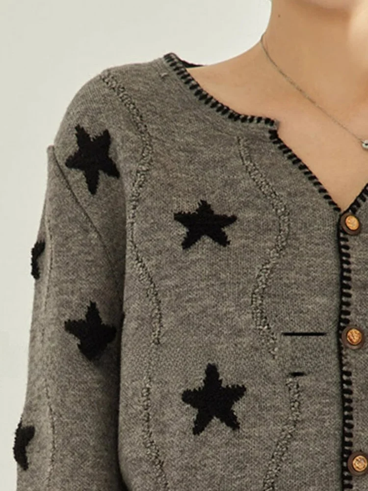 

Loose Long Sve Woolen Knitted Cardigan Star Print Design Korean Sle Casual Versatile Women's Top Button up Outerwear