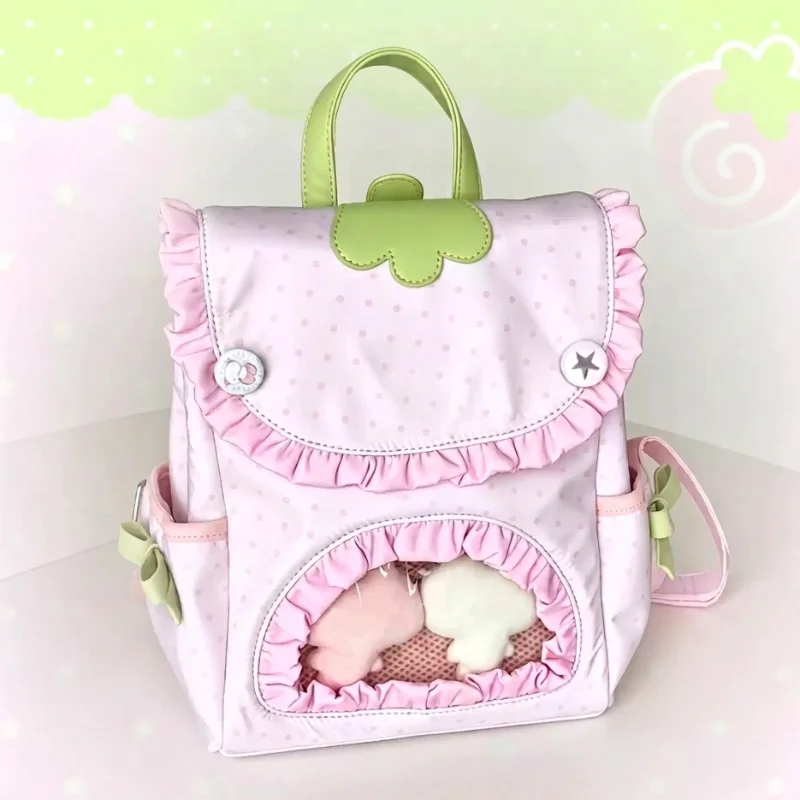 Cute  Pink Polka Dot Backpack Ruffle Lace Flap Clear Window Design Doll Display Bag Sweet Y2k Girls Student Daily Backpack