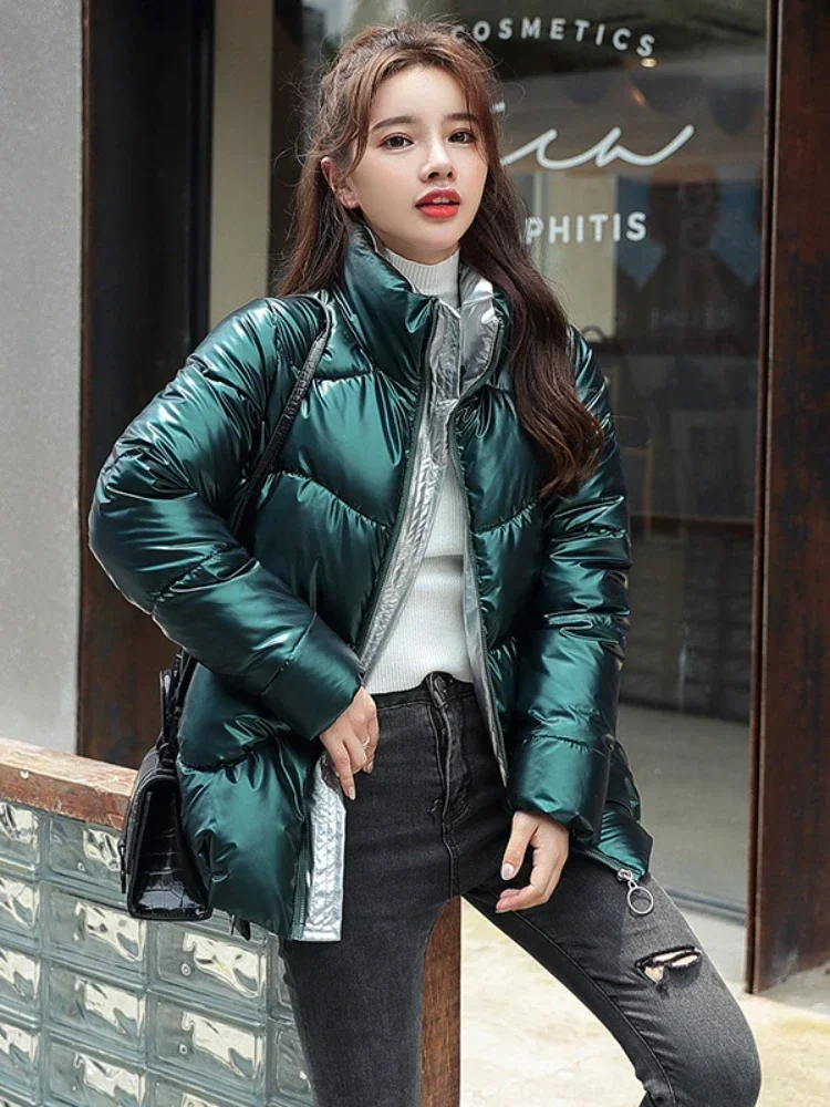 Light-reflecting Jacket Women Winter Warm Bread Parka Short Padded Casual Thick Stand-callor Oversized Cotton Coat Femme Parkas