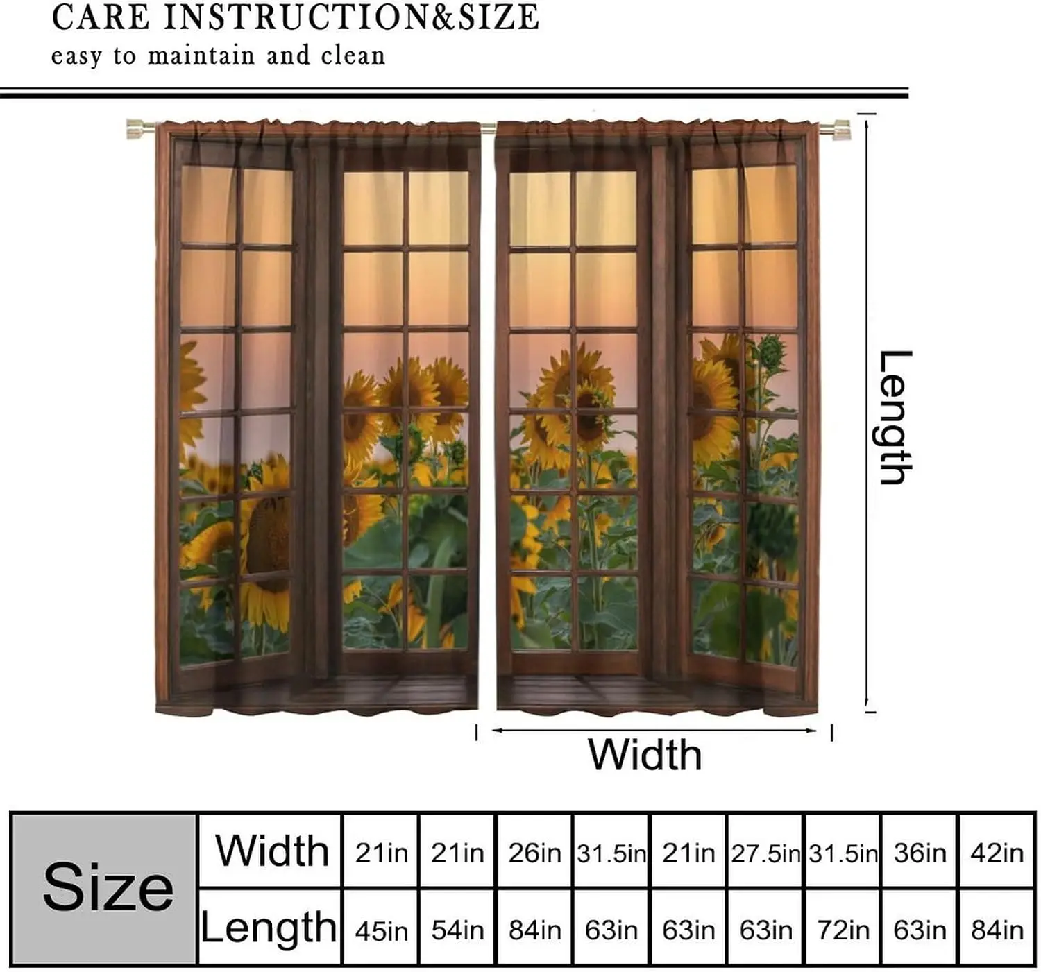 Premium Polyester Sunflower Print Curtains Decorative Window Panel Set Living Room Home Decor Floral Screen Shade Indoor Cottage