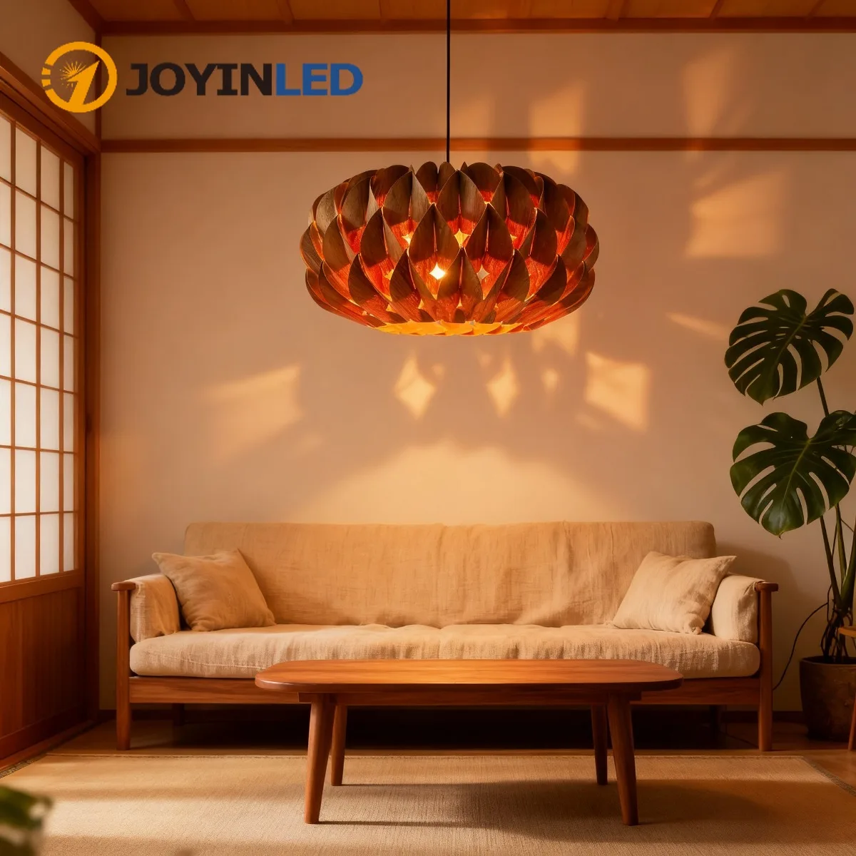 

JOYINLED 40cm Japanese Style Wood Chandelier, E27/E26 Solid Wood Veneer Pendant Light for Restaurant Hotel Bedroom lighting lamp