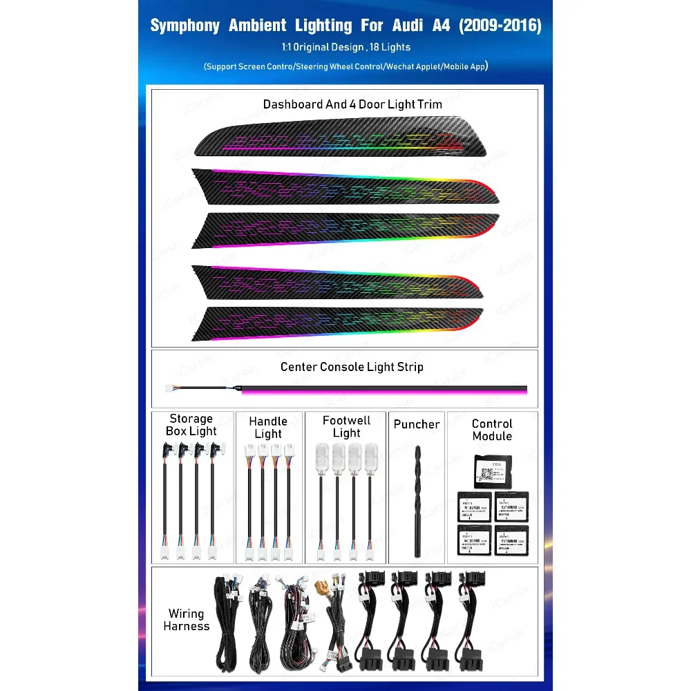 

APP Controlled Car Ambient Light for Audi A4 B8 2009-2016, 256 Color Music Sync Interior LED Strip Kit with Wireless Remote