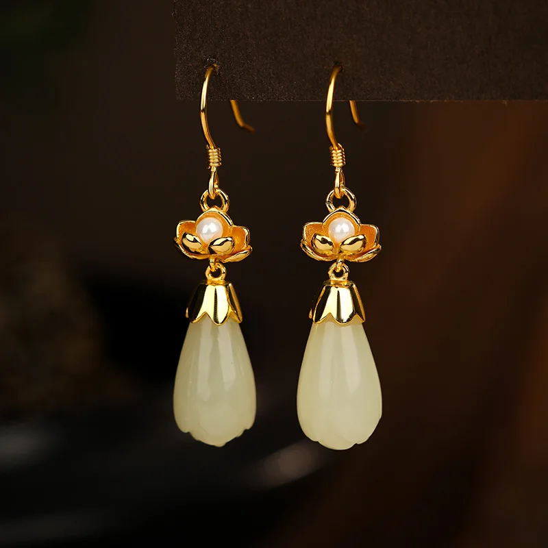 Hotan Jade 925 Silver Youyinian Flower Orchid Earrings Flowers Ancient Style with Chinese Style Han Suit Earrings Earhook