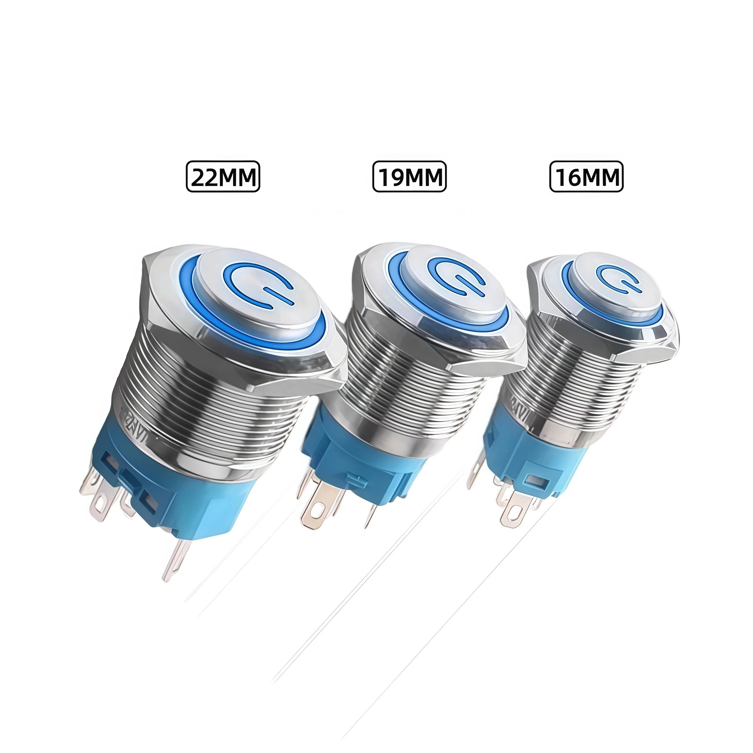 مفتاح زر ضغط معدني 16/19/22 مم، رأس عالي، قفل/إعادة ضبط ذاتي، مقاوم للماء، مضاء، 5 فولت/24 فولت/220 فولت