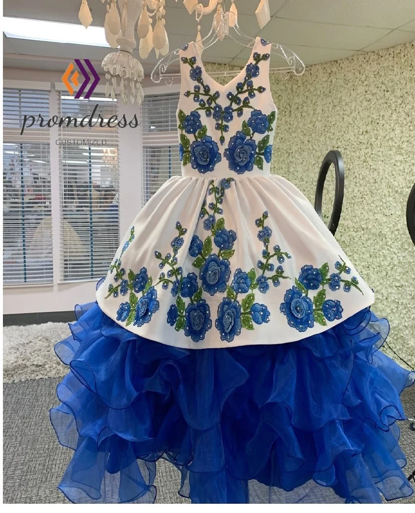 

Mexican Blue Flower Girls Dress 2025 Mariachi Escaramuza Charro Kids Birthday Dress Embroidery Pageant Party OutfitCustomized