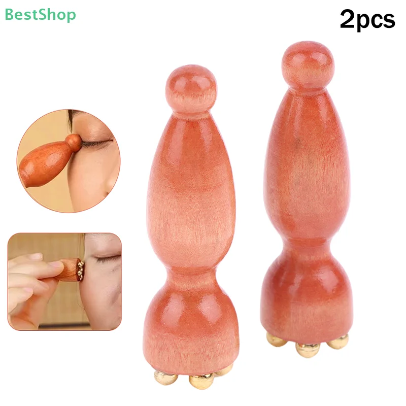 

♥2Pcs Lotus Seedpod Brass Beads & Rosewood Facial Gua Sha Tool Eye Relaxation Spot Meridians Acupoint Massage Handheld
