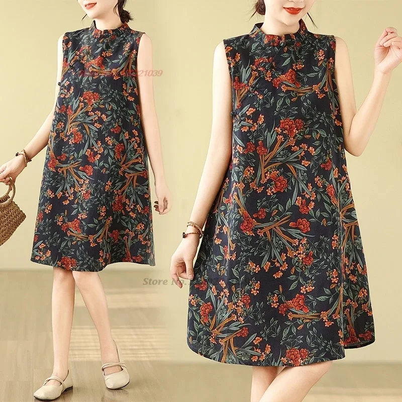 

2025 chinese vintage dress improved cheongsam national flower print ethnic dress oriental retro sleeveless qipao a-line dress