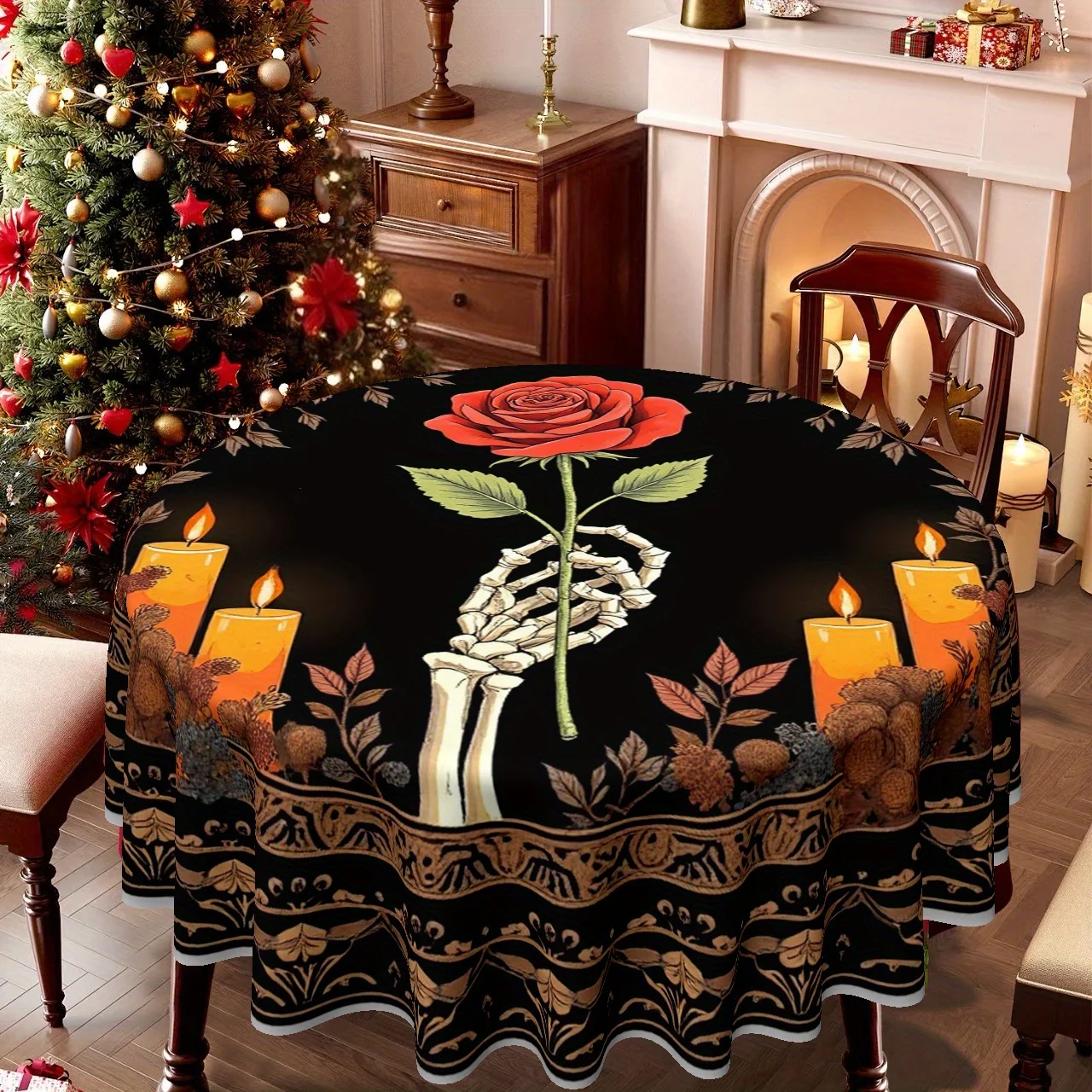 A circular tablecloth for Christmas with a gothic theme, depicting a skeleton holding a red rose.