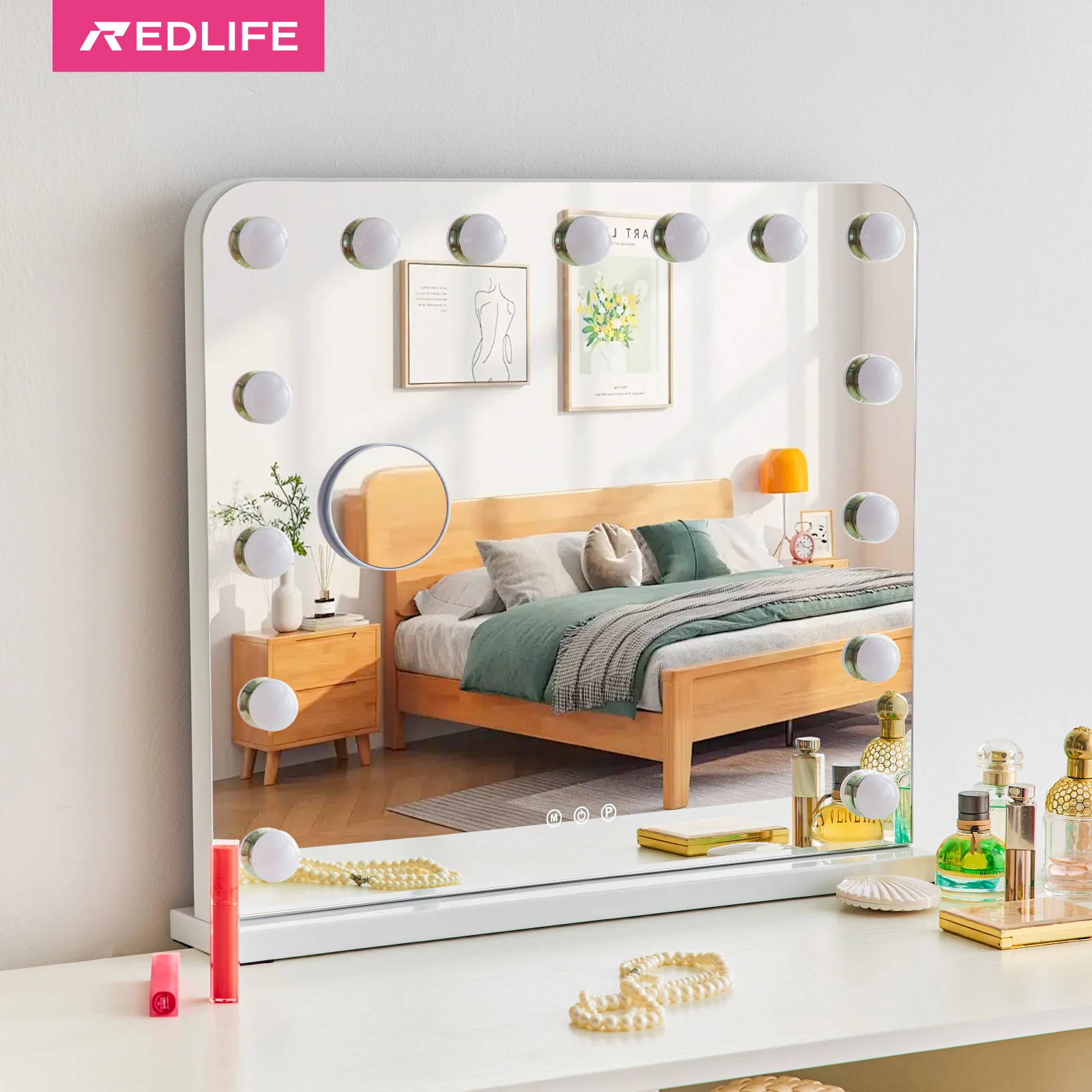 

Redlife Vanity Mirror w/ Lights, Tabletop Makeup Mirror w/ 10X Magnification 20 Dimmable LED Bulbs 3 Colors Modes & USB Charger