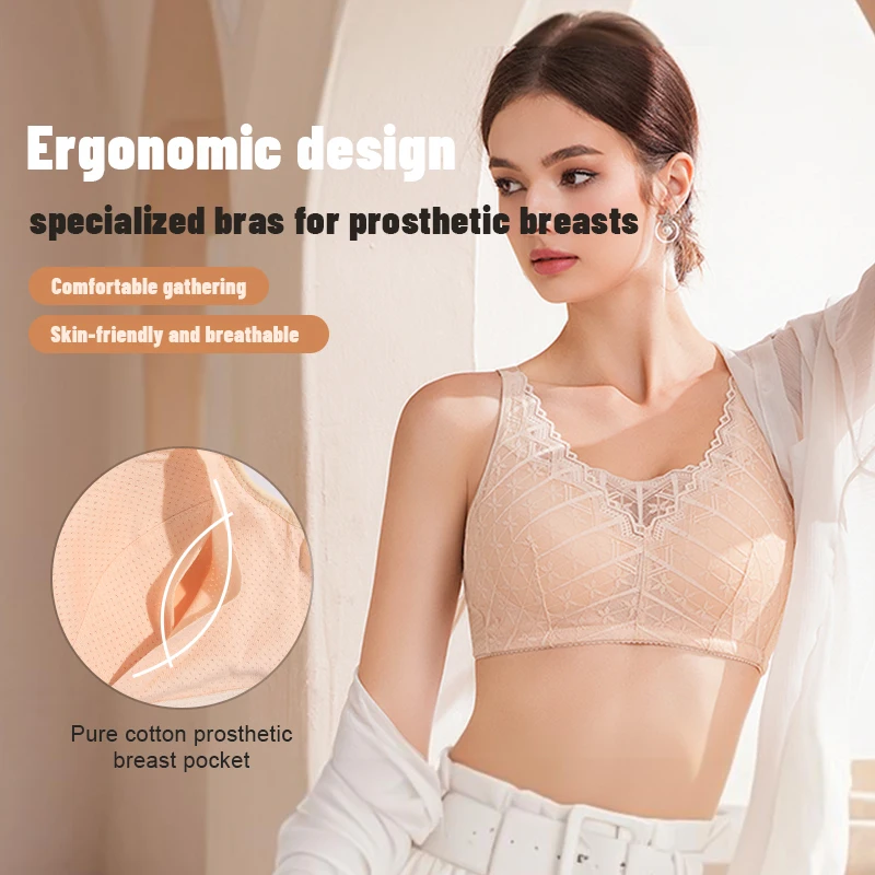 KUCLUT Strong Breathability Mastectomy Bra Women with Pocket Breast Form Pads Included Adjustable Cotton Comfort  Large