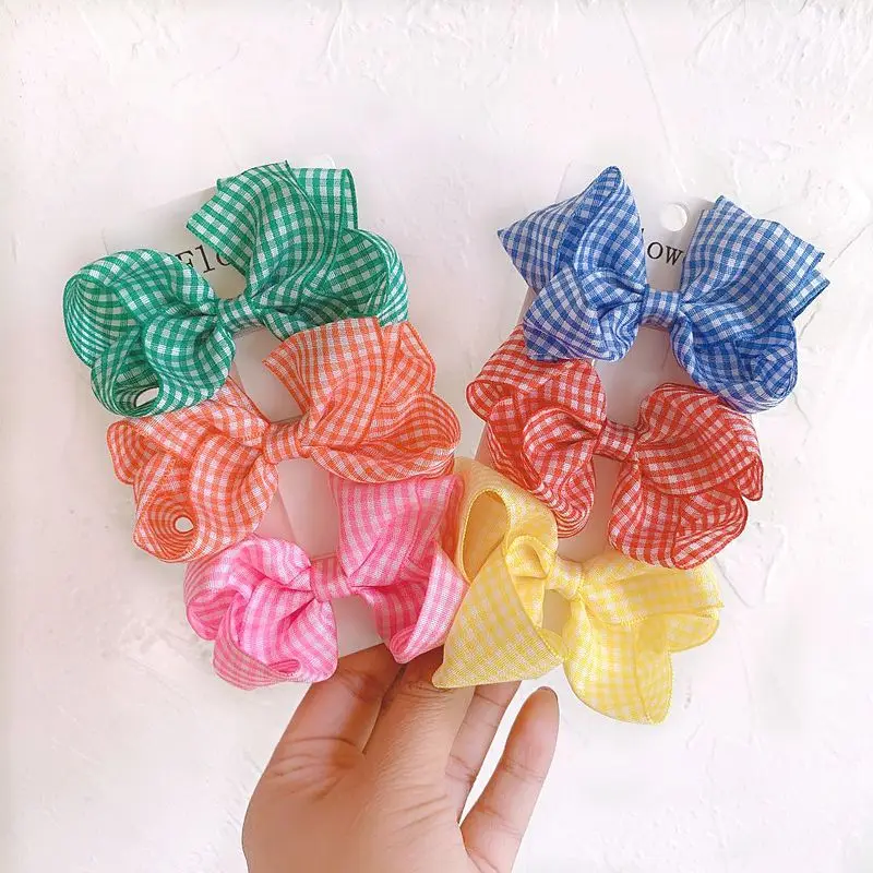 Korean Style Girls Big Fabric Hair Bow Clip Hairpin Fresh Plaid Bowknot Elastic Rubber band Hair Rope Kids Headdress image 2