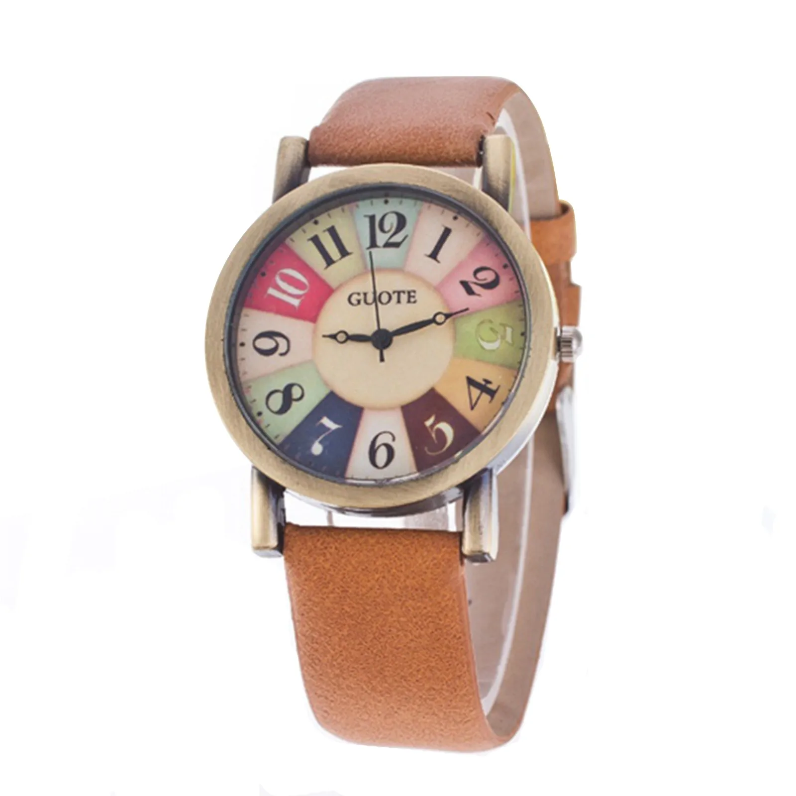 Women'S Quartz Watch Rainbow Color Digital Clock Wood Grain Turntable Top New Famous Retro Casual Leather Strap Student Gift