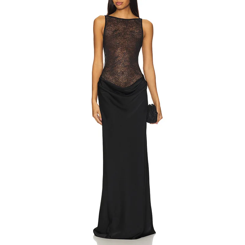 

Однотонные кружевные лоскутные облегающие длинные платья, черные сексуальные атласные платья без рукавов с высокой талией, макси-юбка, скромные вечерние платья женские