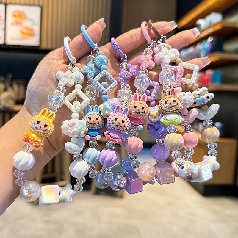 

Labubu keychain Doll Couple Keyring Kawaii Cartoon Creative Beads Phone Chain Bag Pendant Charms Backpack Decoration Gifts