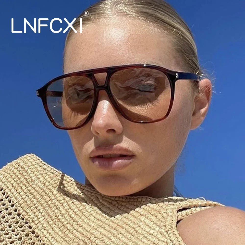 LNFCXI New Vintage Double Bridges Pilot Men Sunglasses Fashion Shades UV400 Women Tea Sun Glasses