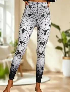 Women Mid‑Rise Fleece Lined Leggings, Halloween Purple Spider Web Gradient Print Slim Stretch Pants