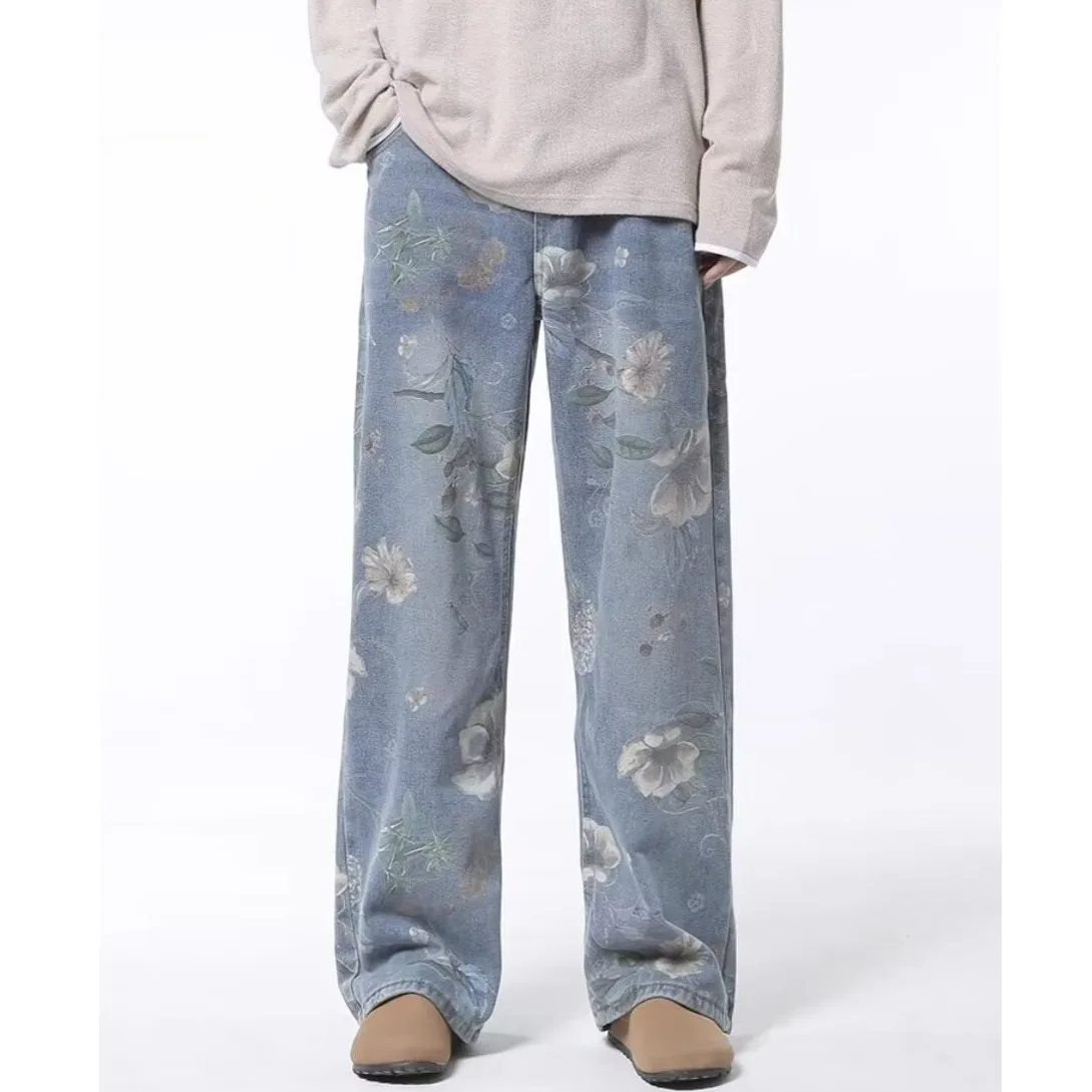 Autumn Hong Kong Style Men Washed Denim Pants Men Trendy Flower Jean Pants Homme Classic Wide Leg Pants Male Streetwear Trousers