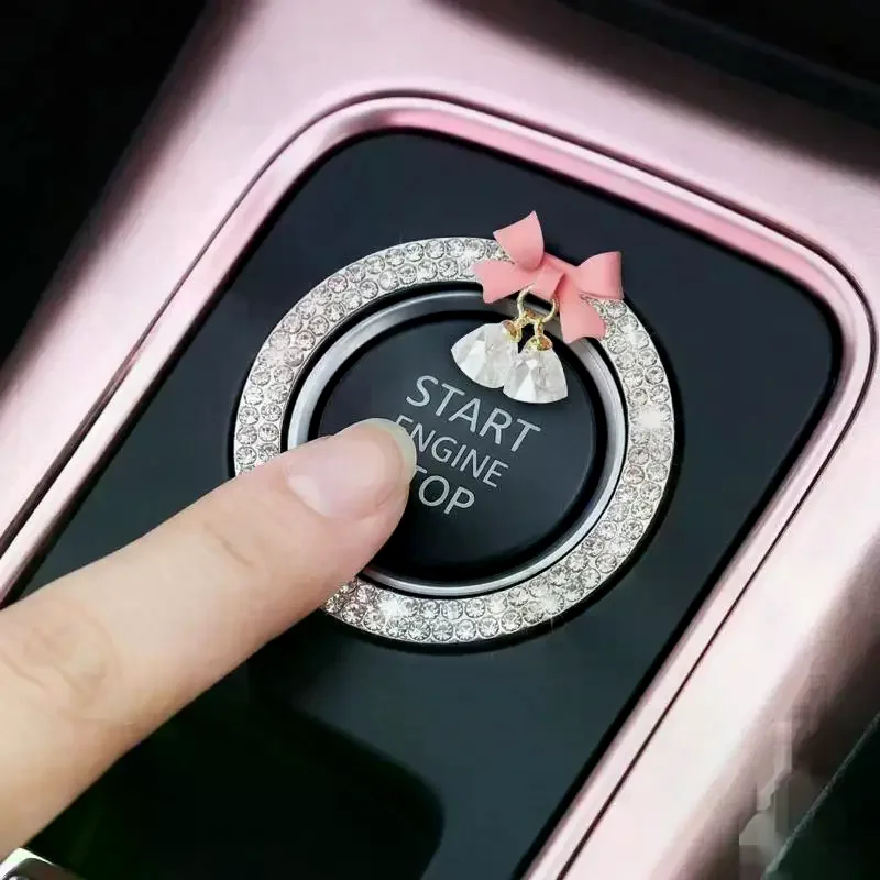 Rhinestone Bow Bell Car Start Switch: Button Auto Decorative Stickers Circle Trims Protective