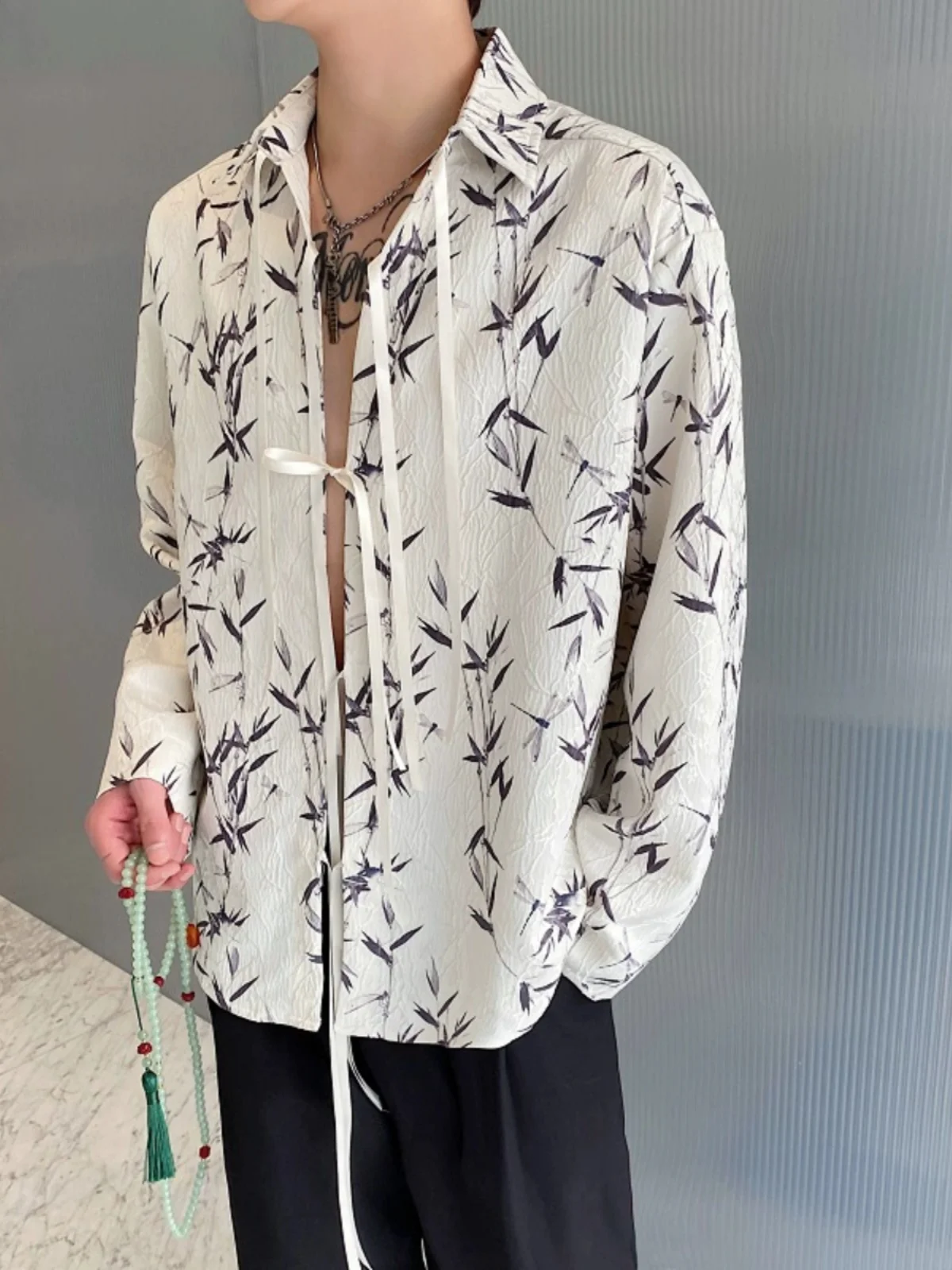 

Loose Fit Long Sve Manin Collar irt Men Women Chinese Sle Zen Design Turn down Collar Bamboo Patterned Print irt