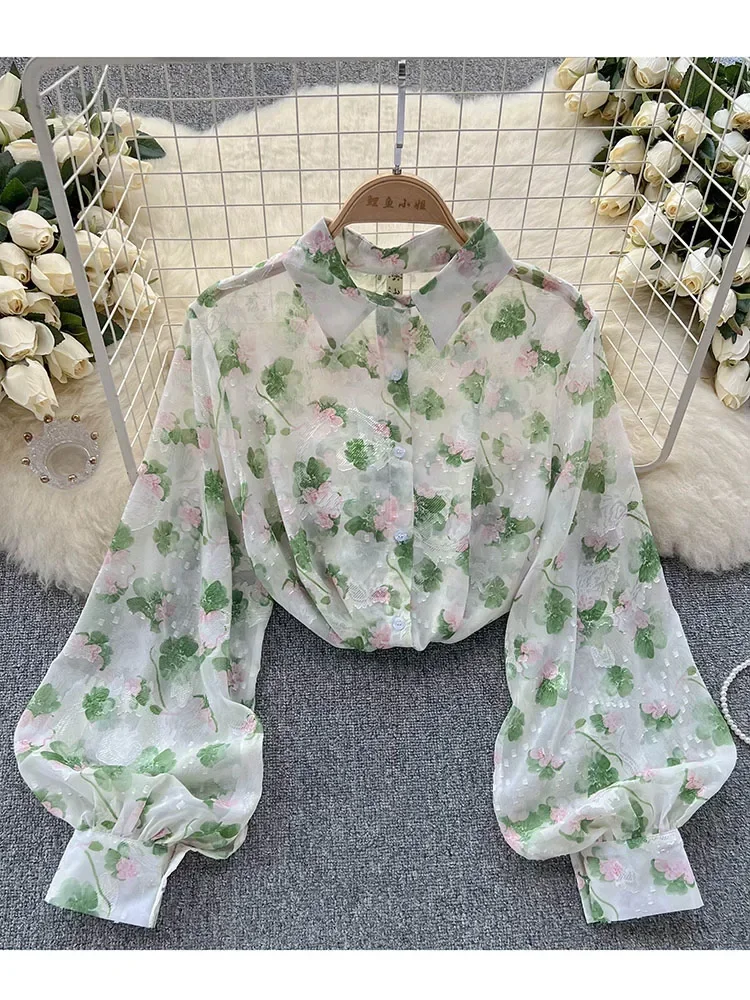 Women Spring Shirt Korean Version Floral Polo Collar Tulle Shirt Lantern Sleeves Unique Art Retro Long Sleeve Loose Top D4721