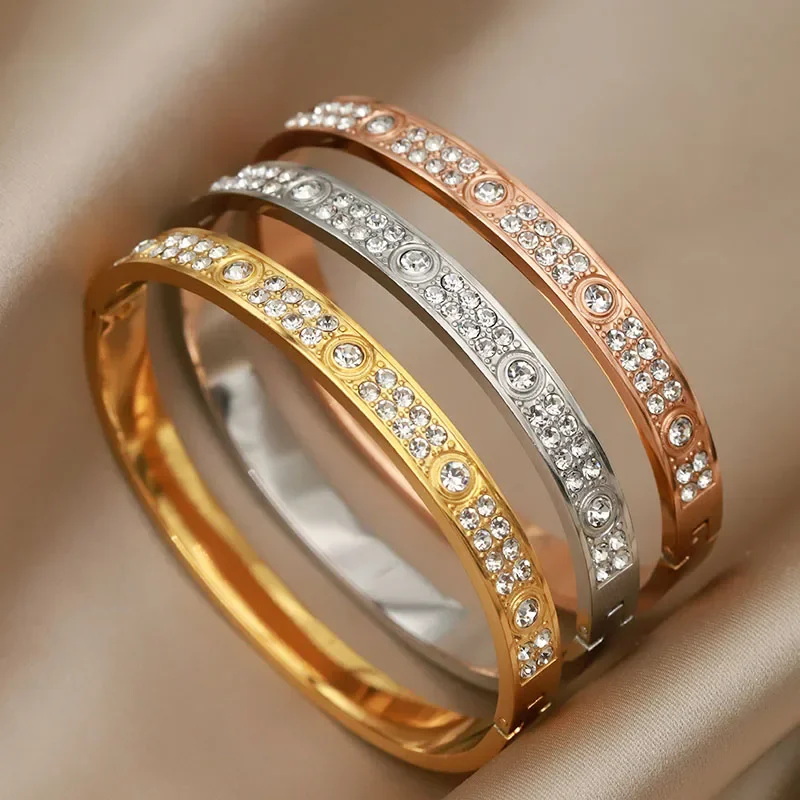 Stainless Steel 18K PVD Plated Classic Crystal Bracelets for Women Fashion Brand Jewelry Elegant Golden Bangles Accessories