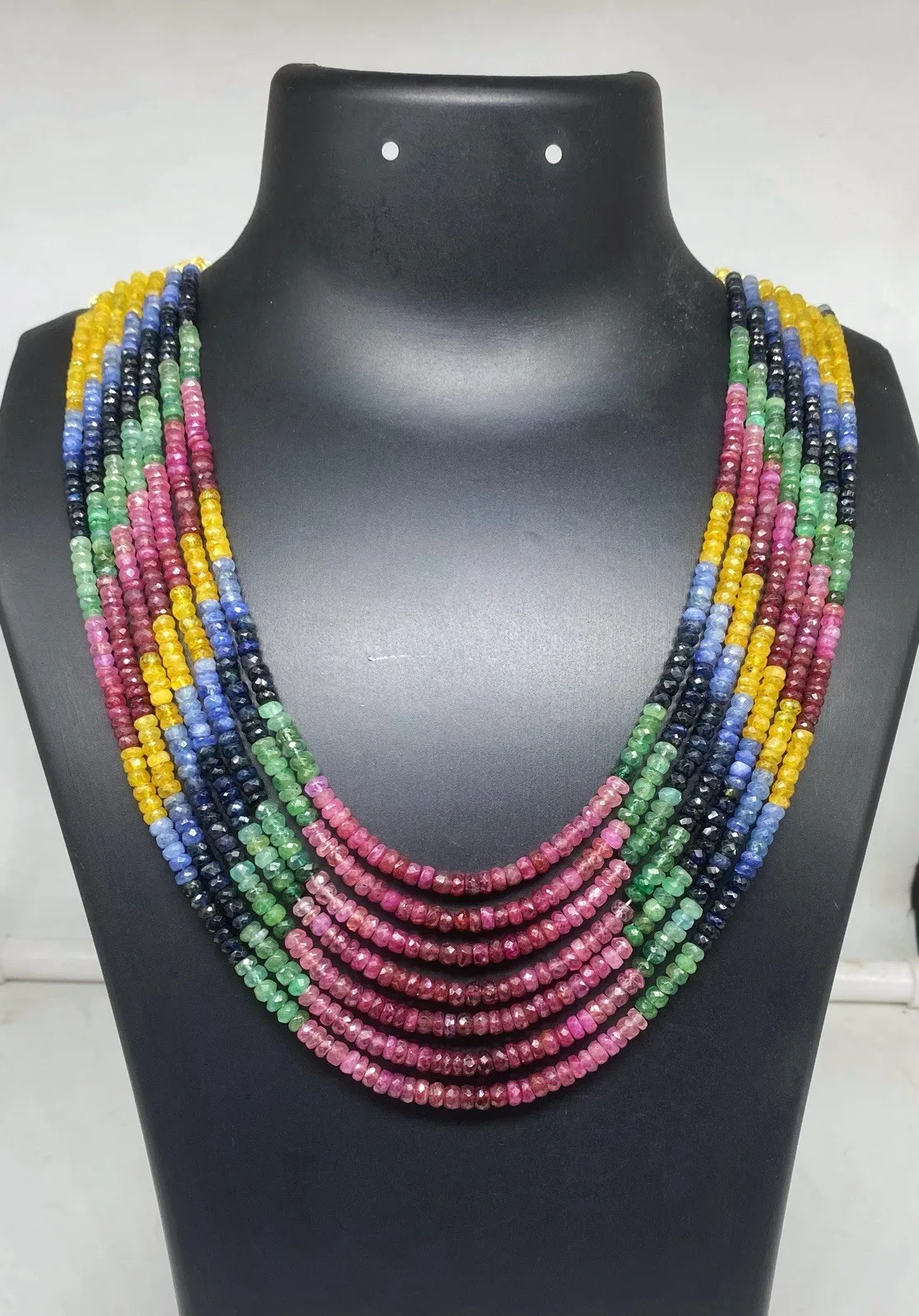 

Multi Sapphire Necklace 7 Line 2-4mm Faceted Round Beads Handmade Jewelry