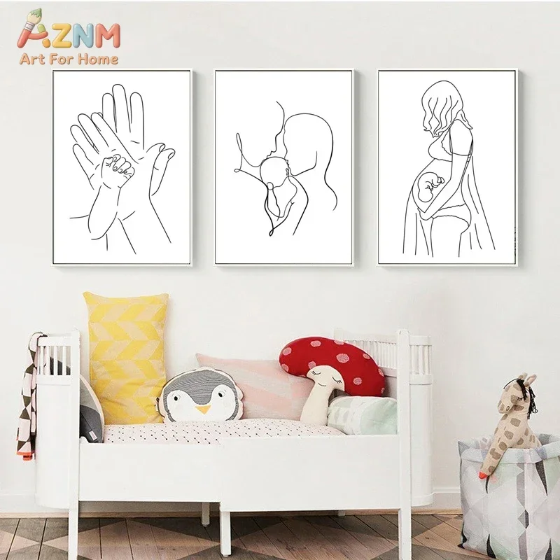 AZNM Minimalist Black White Line Art Family Pregnant Mom Canvas Wall Art, Abstract Minimal Outline Drawing Unframed Print For Nu