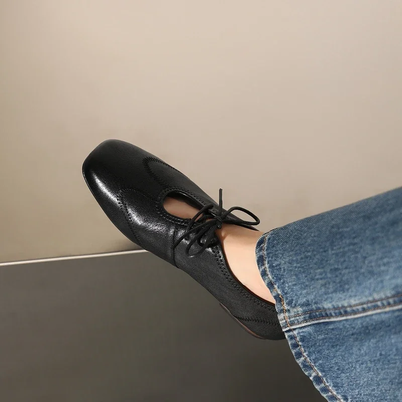Women's New Spring and Autumn Genuine Leather Sheepskin Comfortable Low Heel Lace Up Fashion Shoes Casual Retro Single Shoes