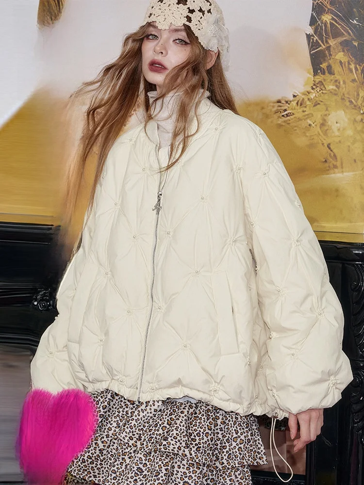 

Lightweight Short Women's down Jacket ELFSACK Cloud Puff Diamond Pattern Elegant Simple Style Duck down Filling Winter Coat