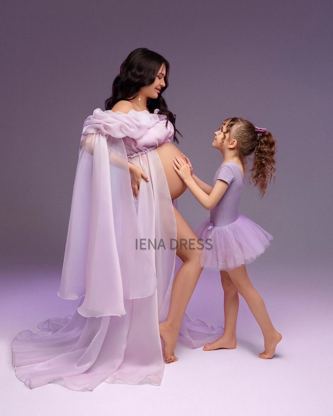 Purple Transparent Organza Maternity Dress for Photoshoot with Ruffled Top Off Shoulder Pregnancy Gown Pregnant Women's Robe