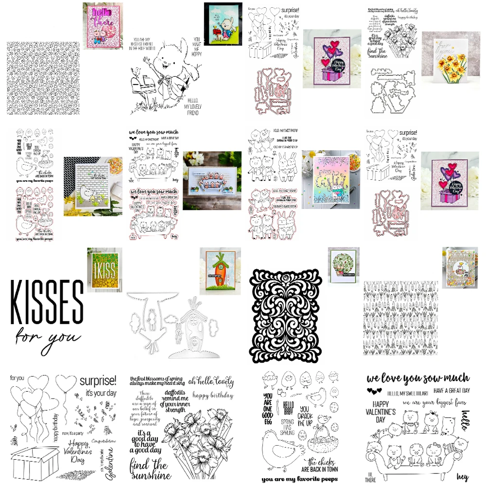 Valentine's Day Background Clear Stamps Kisses for You Fancy Flourish Cover Metal Cutting Dies for Scrapbooking Cards Making X40