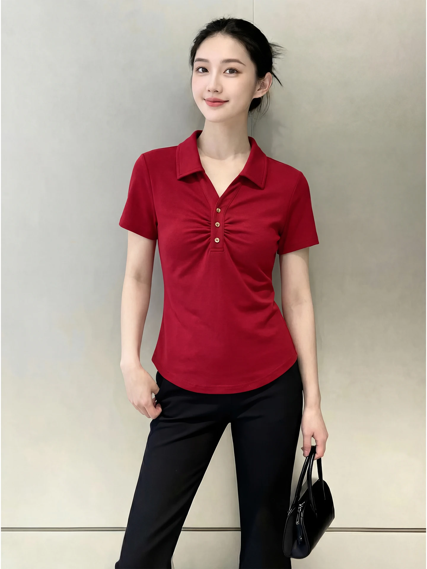 

Spring 2026 plus Size Ne ort Sve T-irt Women's Slim Fit Pleated Button up Top Red Floral Print French Sle