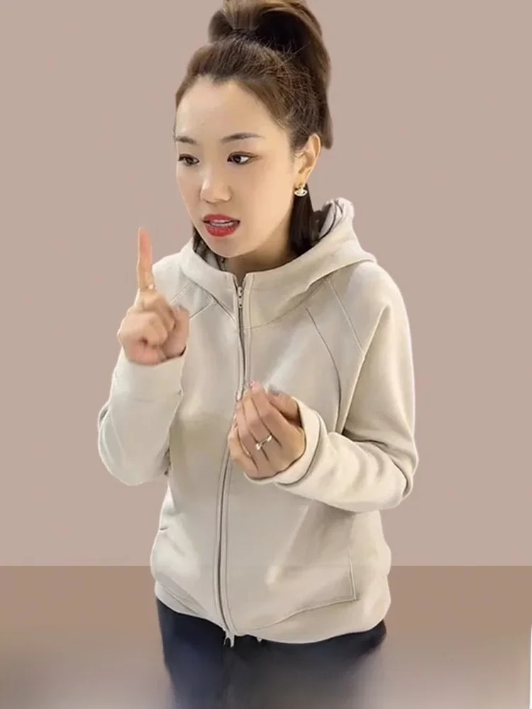 Thiened Fce フード付きジッパーカーディガン スウェットシャツ レディース アウター 秋冬 レギュラー Sve ロングフード付き 通勤 Sle
