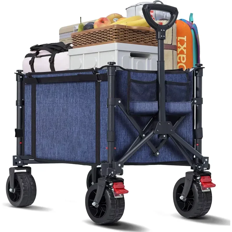 STLF Collapsible Foldable Wagon Cart Four-Wheel Big Wheels Brakes 250lbs Capacity Lightweight Shopping Utility Garden