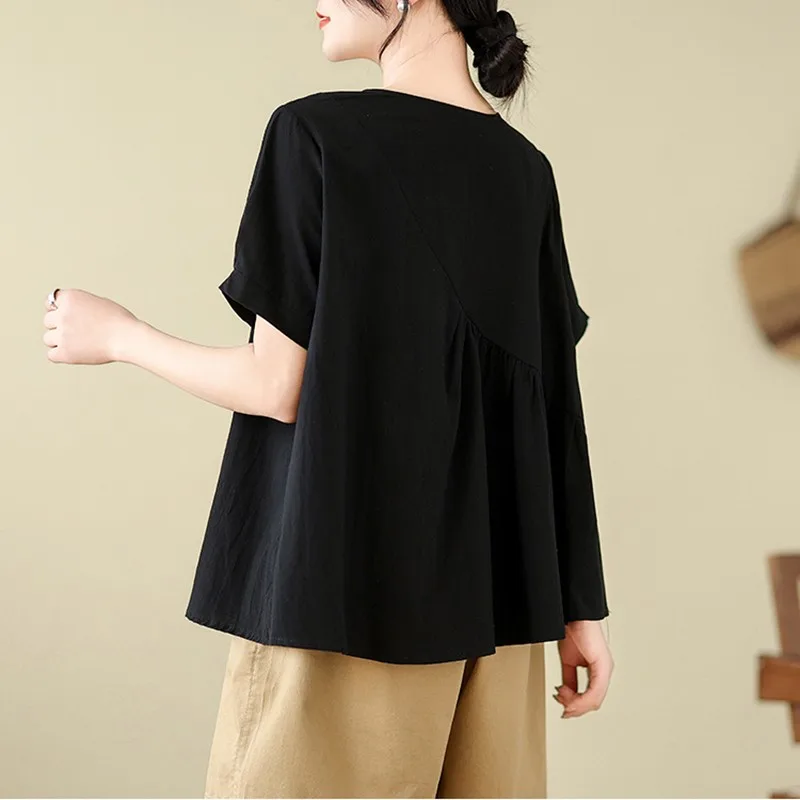 Women Summer Casual T-shirts New Arrival 2024 Simple Style O-neck Solid Color Loose Female Cotton Linen Tops Tees B3577 view 4