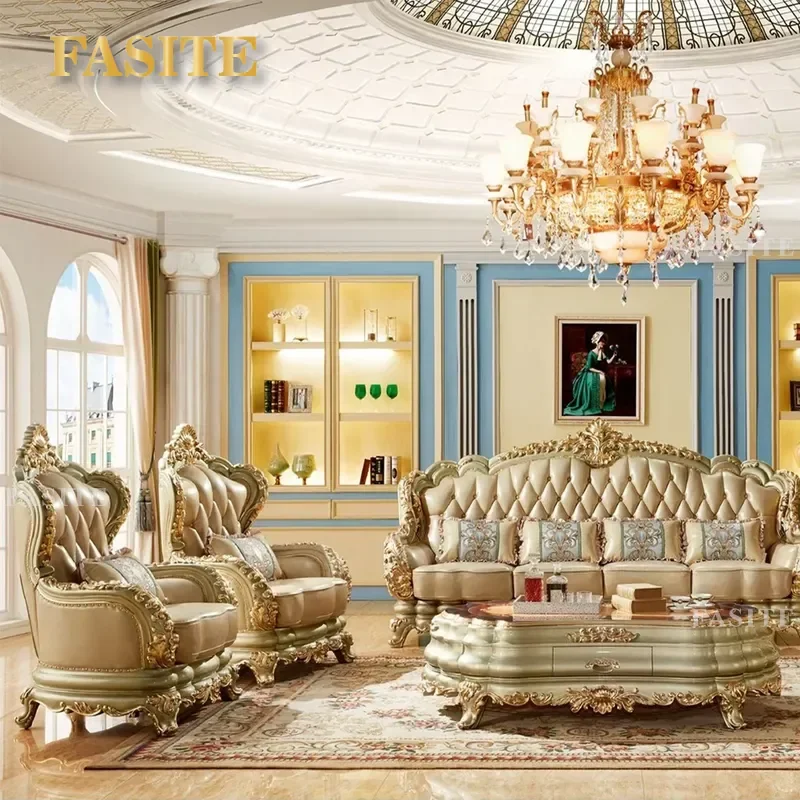For Classical Luxury European Style Leather Sofa Set Solid Wood Frame Fashion Living Room Furniture Hot Sale Elegant Design