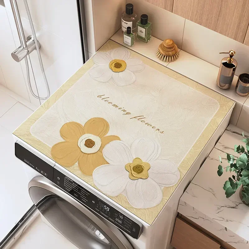 VIKAMA Morandi Embossed Flower Washing Machine Top Mat Green White Letter Print Waterproof Anti Dust Laundry Dryer Surface Pad