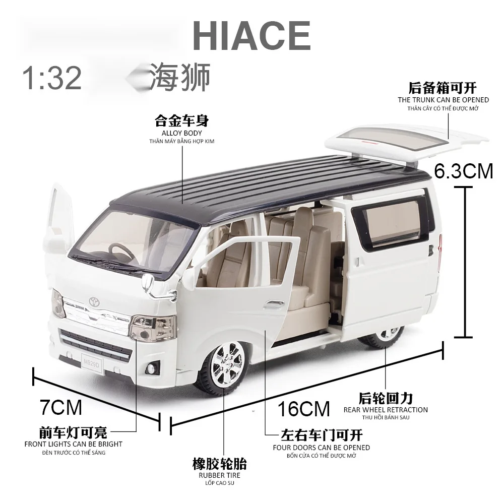 1:32 Scale HIACE Toy Car Models Alloy Diecast MPV Doors Opened Pull Back Sound Light Business Travel Vehicle Presents for Boys
