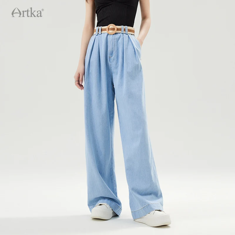 ARTKA 2023 Summer New Women Jeans Fashion Casual High Waist Straight Jeans Loose Wide Leg Washed Denim Pants With Belt KN92230X