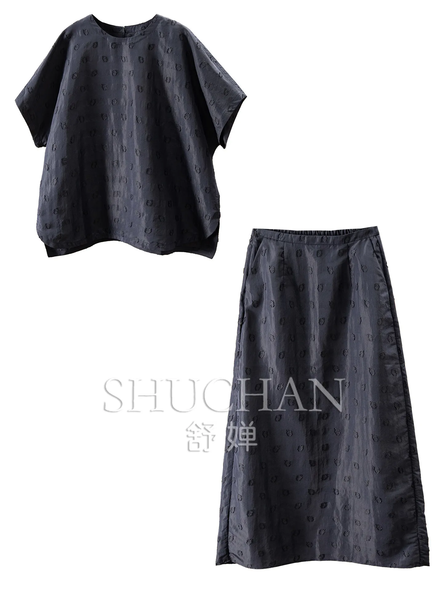 Navy Blue Natural Silk Jacquard Cut Flower Shirt + Skirt Set Female 49G1 Two Piece Sets Womens Outifits
